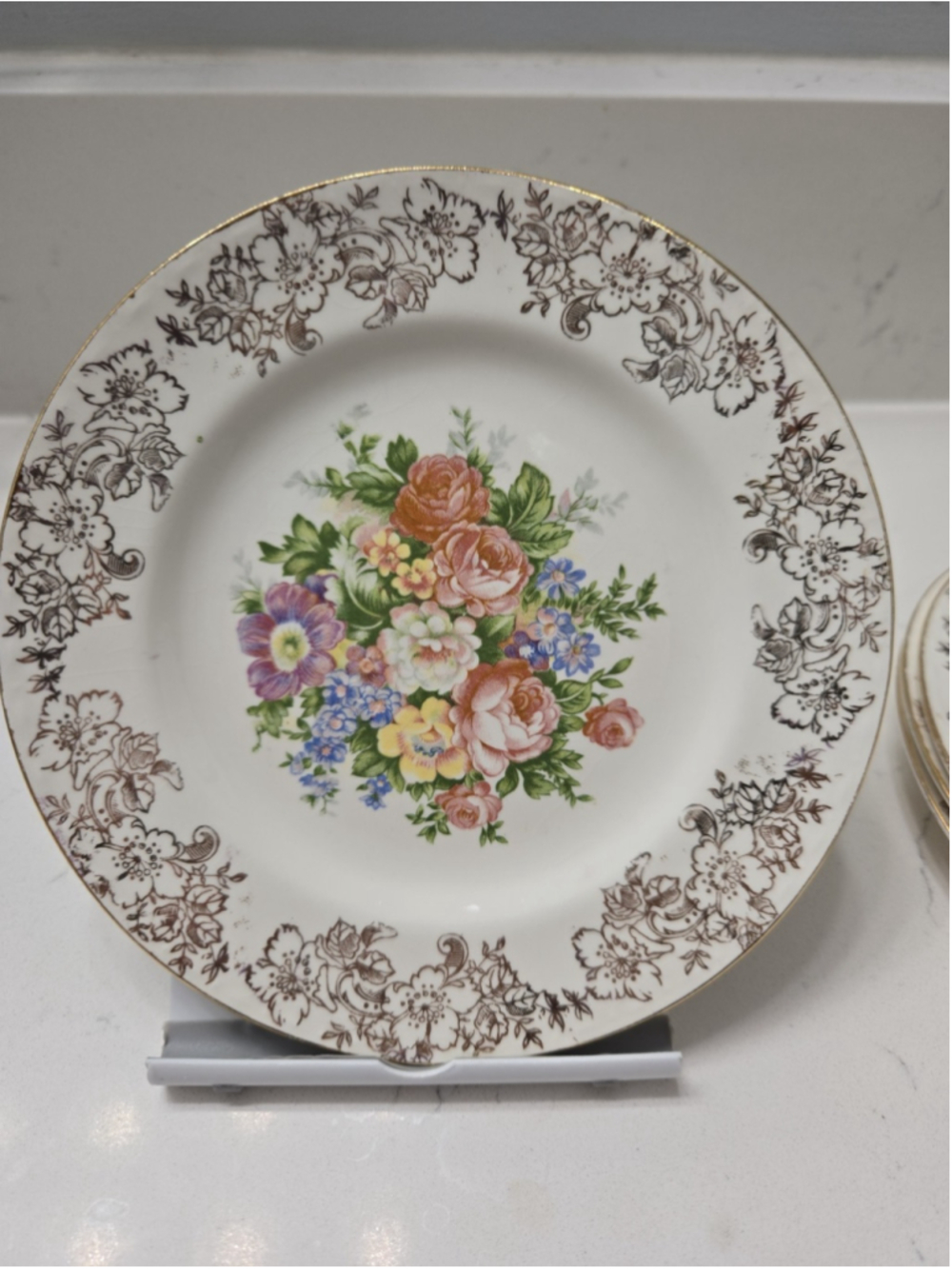 Set of 4 Vtg Royal China Warranted 22kt Gold Floral Saucers 6" Filigree Rim USA